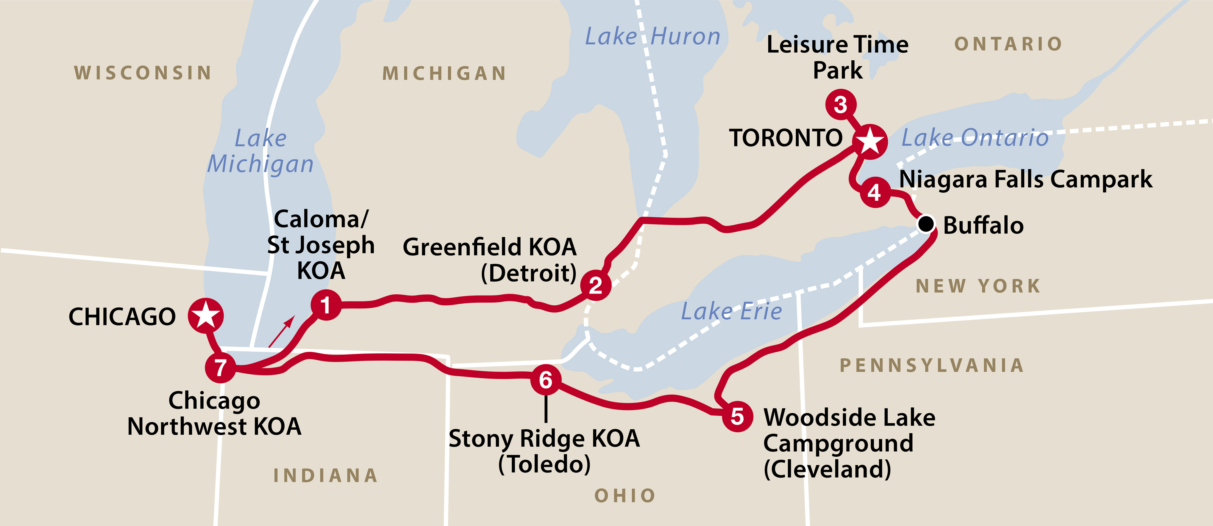 Mapa ruta The Great Lakes Music Tour